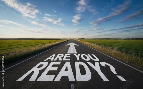 Wallpaper Mural are you ready? text on a road with sky and land background. Startup business success, preparation, plan to start, change, action concept. Torontodigital.ca