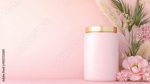 Minimalist beauty product packaging mock up concept. Aesthetic candle with flowers on a soft pink background