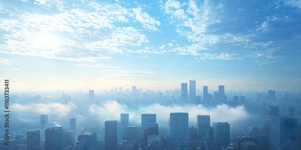 Fototapeta premium Cloud storage solutions set against a backdrop of an urban city skyline highlight the modern connection between technology and urban life through digital means.