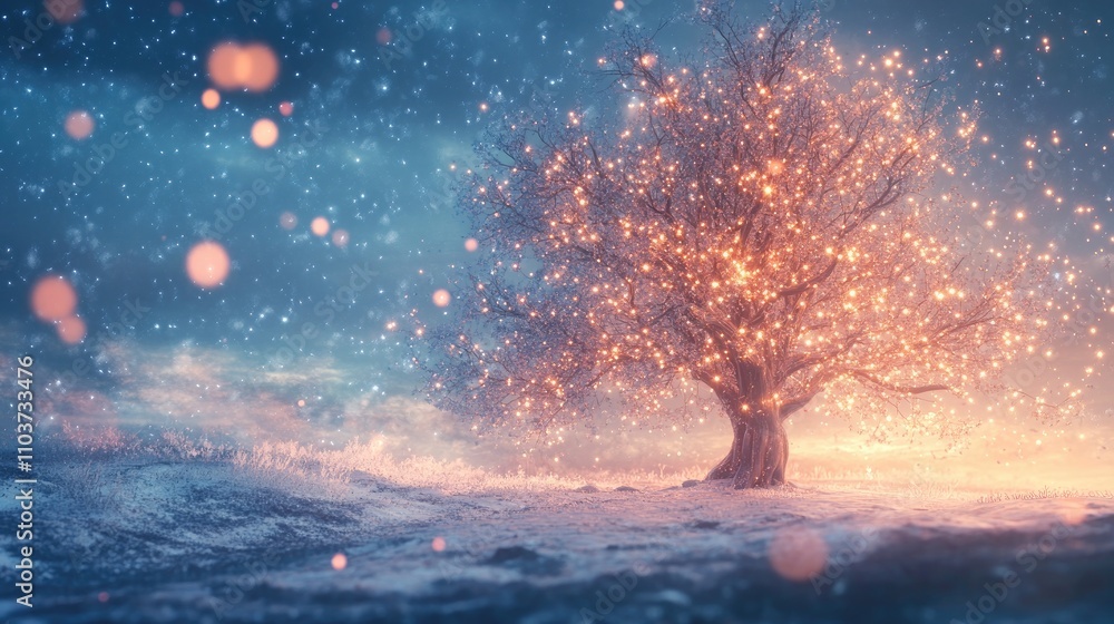 Glowing magical tree covered in shimmering lights against a tranquil snowy landscape, creating an enchanting holiday scene perfect for festive cards or decorations. Glowing magical tree covered in shimmering lights against a tranquil snowy landscape, creating an enchanting holiday scene perfect for festive cards or decorations.