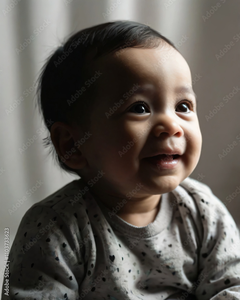 A joyful baby smiles brightly in a simple, plain background. A joyful baby smiles brightly in a simple, plain background.
