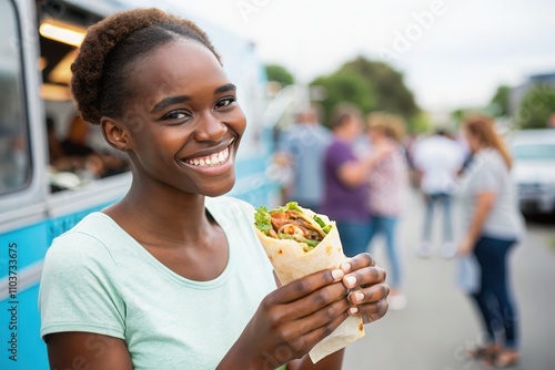 A cheerful young woman smiles widely while holding a delicious wrap filled with fresh ingredients at a vibrant food truck festival. The background shows other visitors enjoying the lively atmosphere a