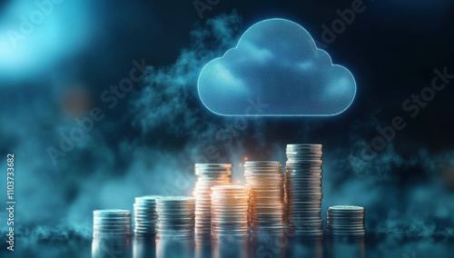Stacks of coins with a cloud icon symbolize cloud financial planning, highlighting cost management and budgeting in cloud computing