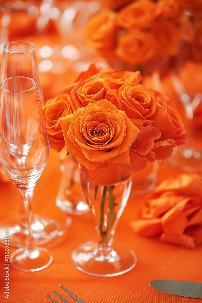 A gorgeous arrangement of orange roses on a vibrant set table. A gorgeous arrangement of orange roses on a vibrant set table.