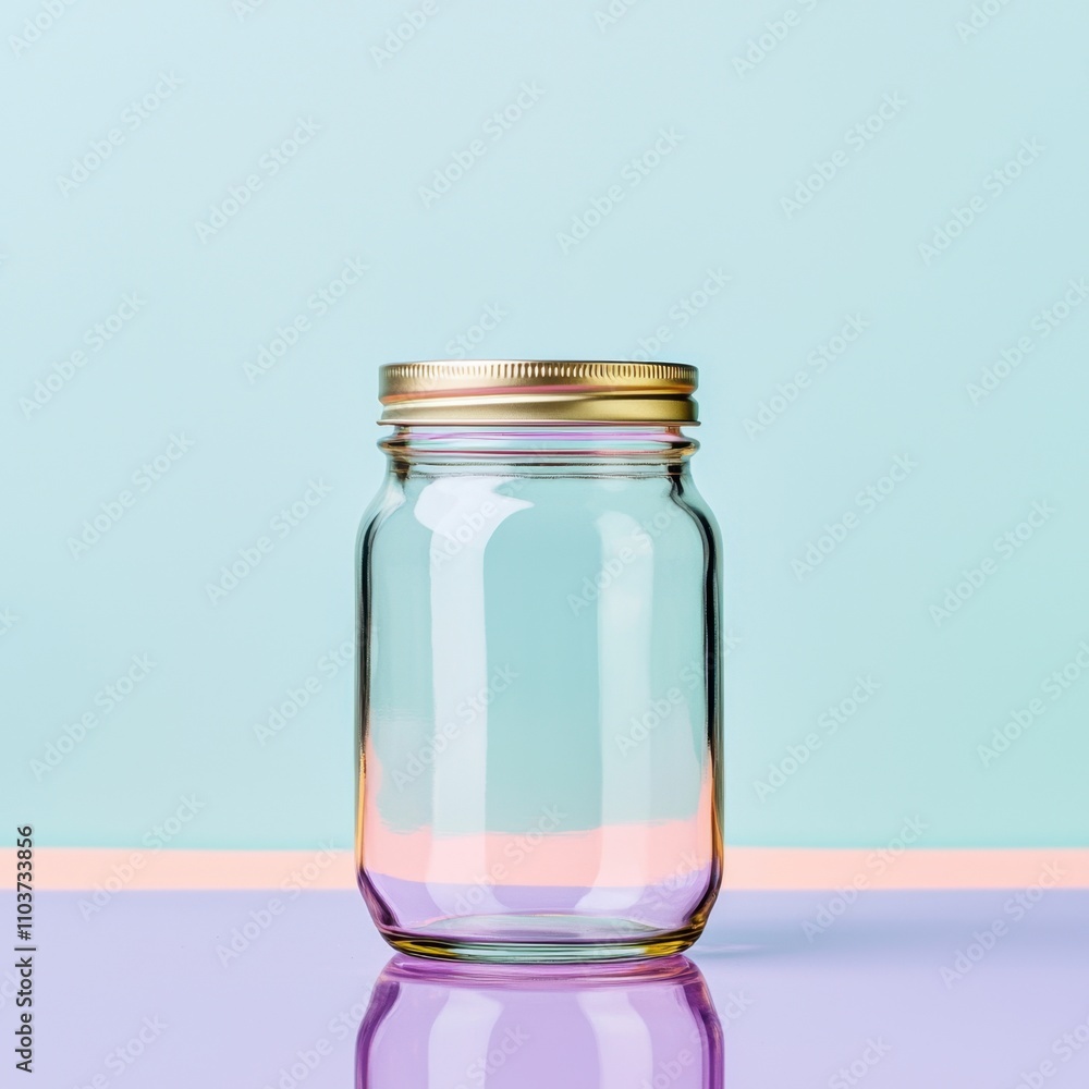 Minimalist food packaging mock up concept. Clear glass jar with a golden lid on a colorful background Minimalist food packaging mock up concept. Clear glass jar with a golden lid on a colorful background