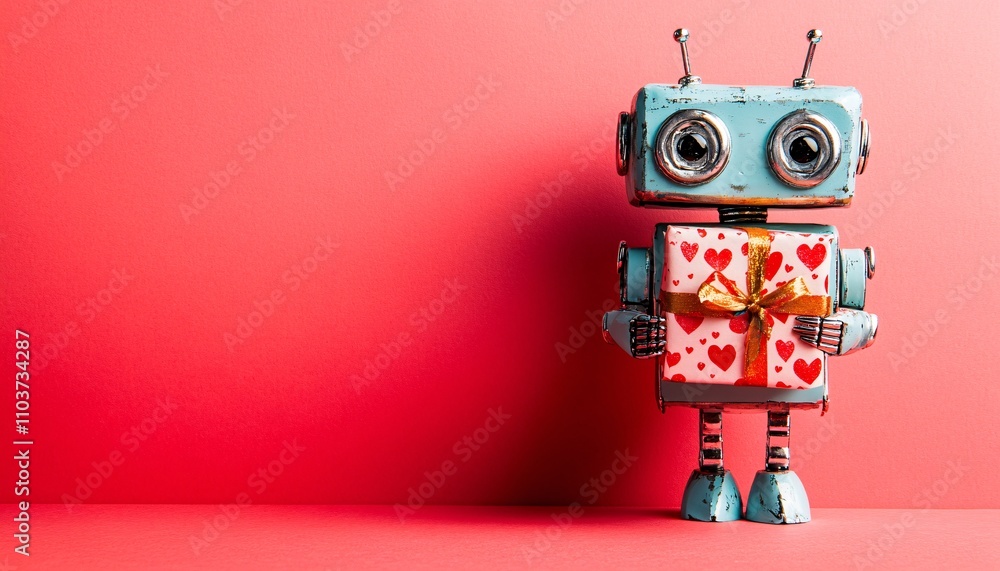 A charming robot presents a tiny heart-patterned gift, symbolizing the fusion of technology and affection. This image captures the spirit of innovation love in Valentine's Day. A charming robot presents a tiny heart-patterned gift, symbolizing the fusion of technology and affection. This image captures the spirit of innovation love in Valentine's Day.