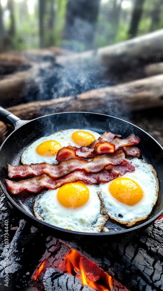 A skillet with fried eggs and crispy bacon is placed over an open fire in a forest, creating a rustic outdoor cooking scene. A skillet with fried eggs and crispy bacon is placed over an open fire in a forest, creating a rustic outdoor cooking scene.