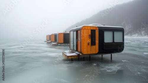 A blizzard burying a row of small cabins along a frozen river photo