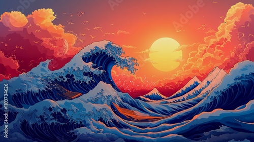 The Great Wave off Kanagawa in style of modern anime


