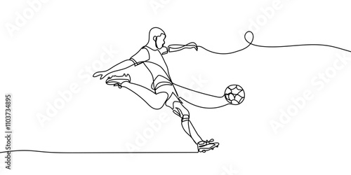 Continuous line drawing. Illustration shows a football player kicks the ball. Soccer. Vector illustration