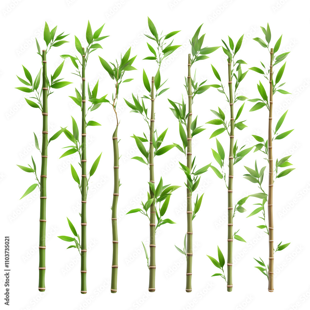 Fototapeta premium Isolated Bamboo Stalks with Green Leaves on Transparent Background
