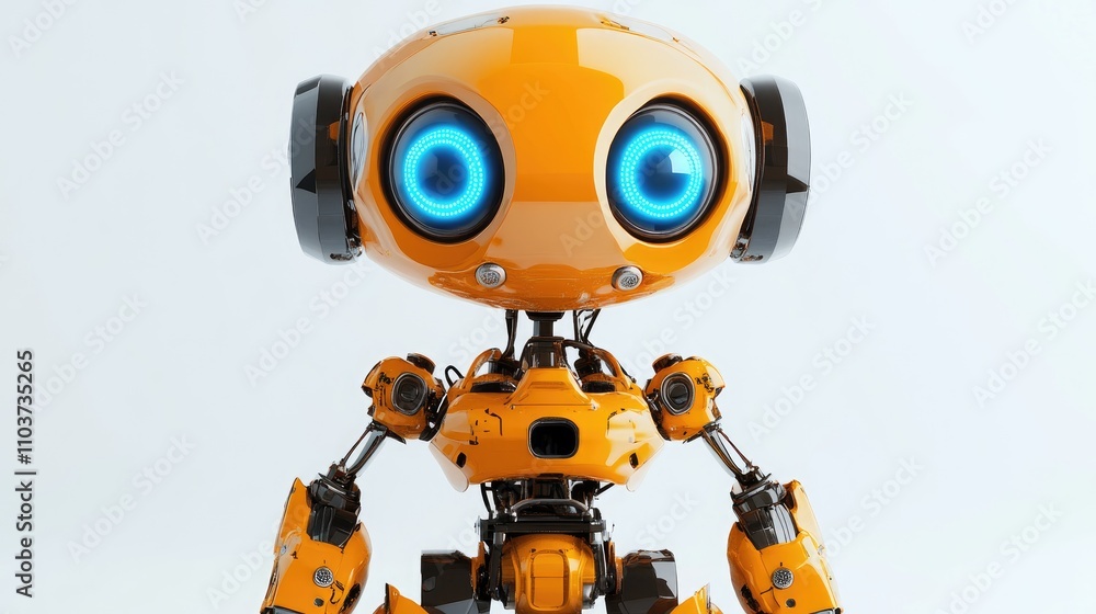 Robotic figure with striking blue eyes and vibrant orange body stands prominently against a clean white background, showcasing its intricate design and details. Robotic figure with striking blue eyes and vibrant orange body stands prominently against a clean white background, showcasing its intricate design and details.