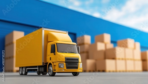 Supply chain, Global, Economics. Yellow delivery truck near stacked boxes outside a warehouse.