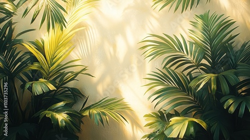 Palm leaves cast shadows on a beige wall.