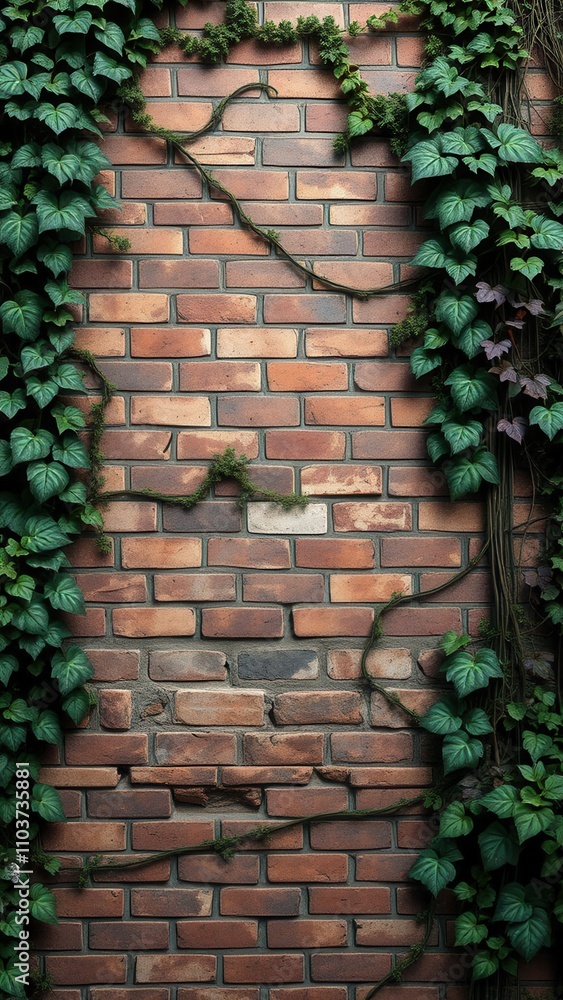 A close-up shot of a worn and weathered brick wall with vines growing on it , rustic, nature, texture A close-up shot of a worn and weathered brick wall with vines growing on it , rustic, nature, texture