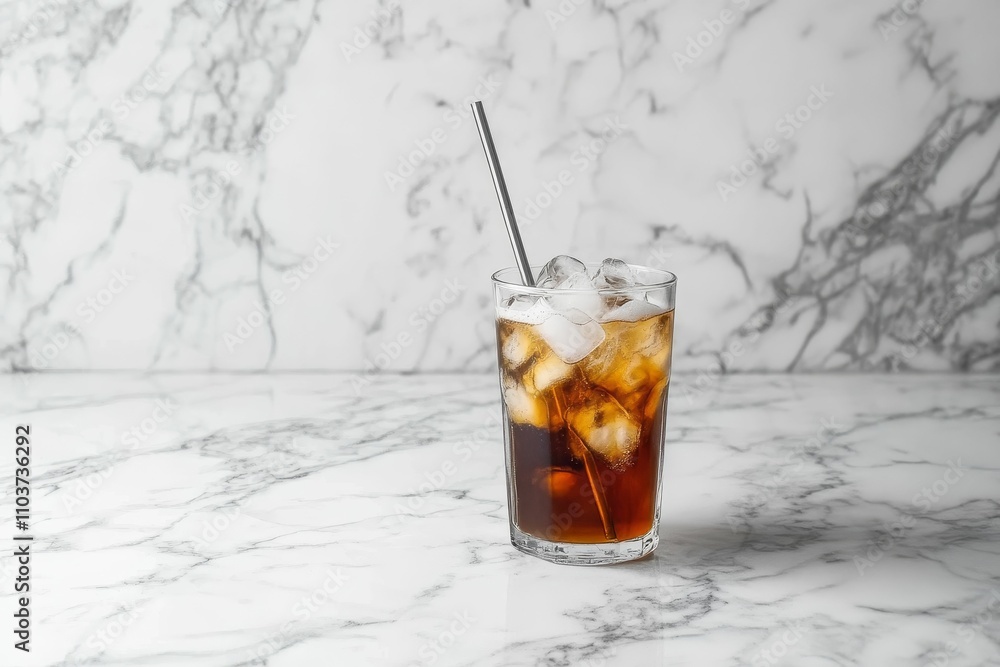 Iced cola drink, metal straw, marble surface. Iced cola drink, metal straw, marble surface.