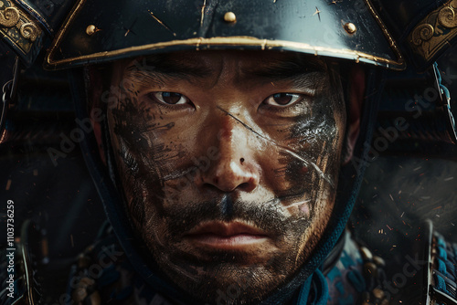 Generative AI Image of a Traditional Samurai Warrior with Intense Expression in Historical Armor and Face Paint