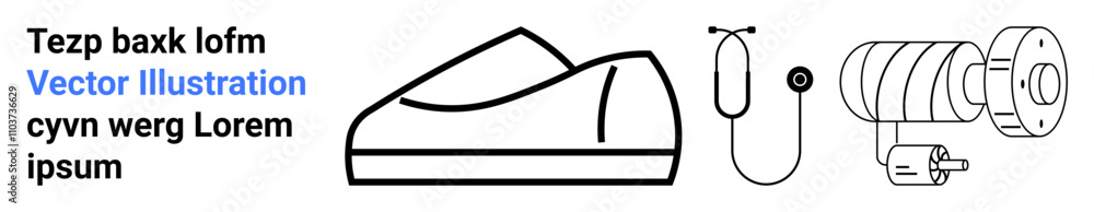 Shoe silhouette, electrical motor, and hook symbols alongside placeholder text. Ideal for design mockups, engineering schematics, product visualization, technical diagrams, educational content Shoe silhouette, electrical motor, and hook symbols alongside placeholder text. Ideal for design mockups, engineering schematics, product visualization, technical diagrams, educational content