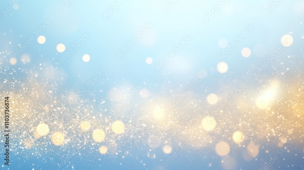 Obraz premium Bright and shimmering bokeh background showcasing golden and diamond-like dust with a luxurious blue design and blurred glittery lighting.