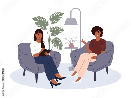 World Mental Health Day. Person at psychotherapy. Psychologist works with the patient's mental health. Vector illustration in flat style