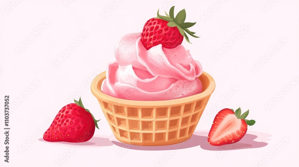 Waffle cup brimming with creamy strawberry ice cream, garnished with fresh strawberries, ideal for a healthy dessert promotional banner. Waffle cup brimming with creamy strawberry ice cream, garnished with fresh strawberries, ideal for a healthy dessert promotional banner.