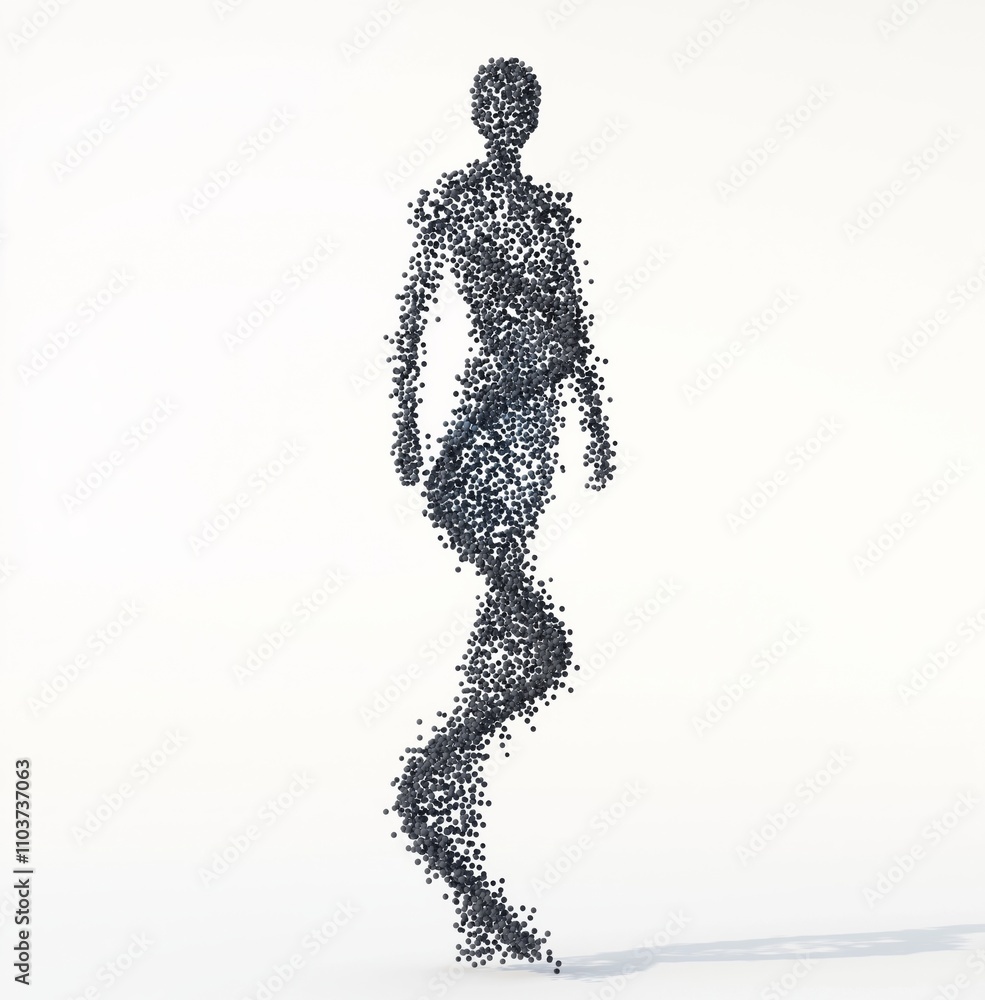 Abstract human figure made of dispersed black particles in a twisting spiral shape Abstract human figure made of dispersed black particles in a twisting spiral shape