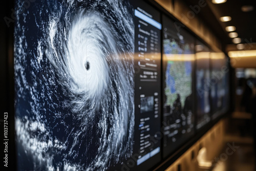 Weather warning. A powerful hurricane is displayed on a large screen, showcasing its eye and surrounding weather data, emphasizing the impact of severe weather monitoring.