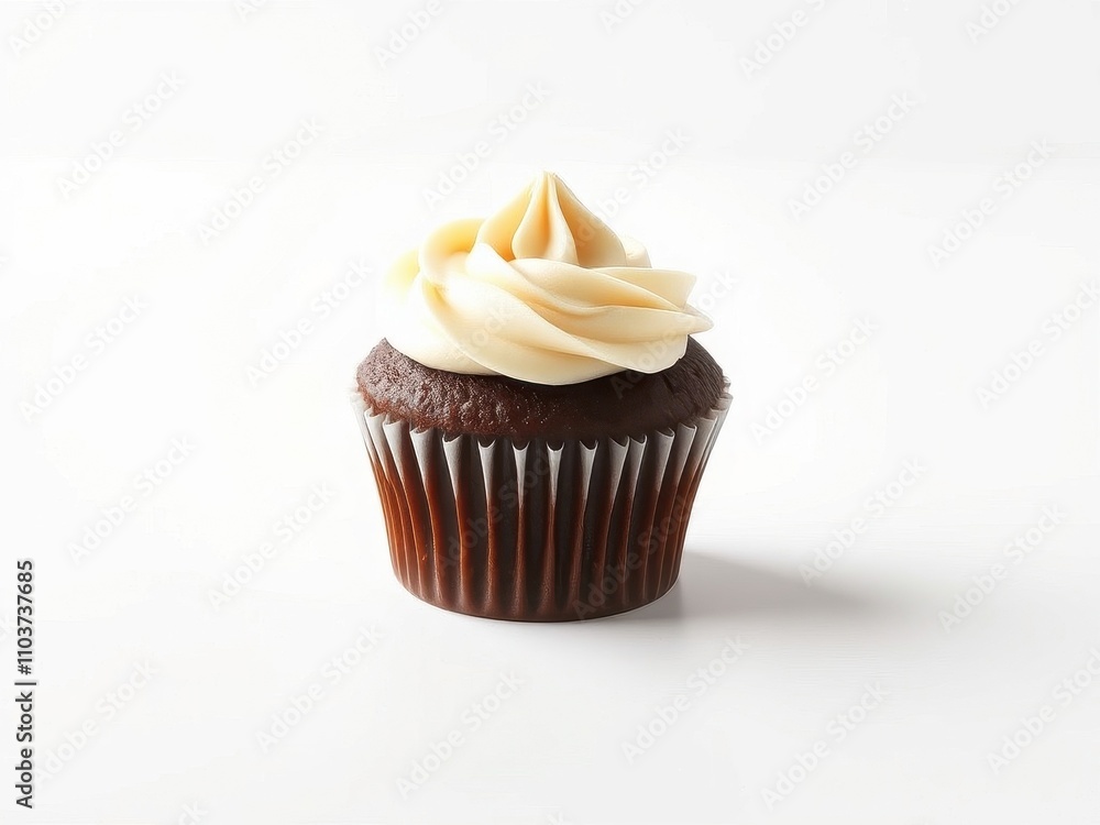 A single serving of a moist chocolate cupcake with cream cheese frosting on a minimalist white background., chocolate cupcake, baked goods, cream cheese frosting A single serving of a moist chocolate cupcake with cream cheese frosting on a minimalist white background., chocolate cupcake, baked goods, cream cheese frosting