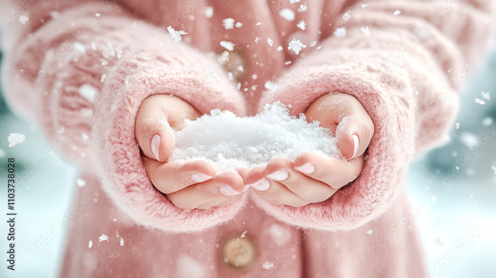Fototapeta premium A hands catching falling snow in delicate pastel colors