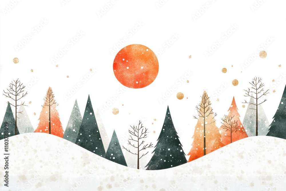 Naklejka premium Bohemian minimalist geometric christmas snow landscape of snowy plain with winter sun and new year colors on white background.
