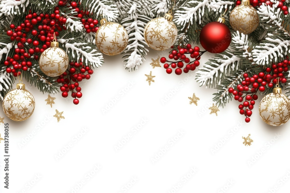 Christmas and Happy New Year background on a white background, with silver pine branches, red berries, and golden balls. Christmas and Happy New Year background on a white background, with silver pine branches, red berries, and golden balls.