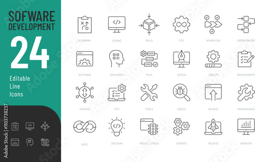 Software Development Line Editable Icons set. Vector illustration in modern thin line style of technology related icons: code, plan, release, and more. Pictograms and infographics for mobile apps
