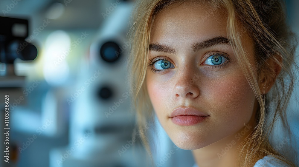A close-up of a young woman with blue eyes, set in a scientific environment. A close-up of a young woman with blue eyes, set in a scientific environment.