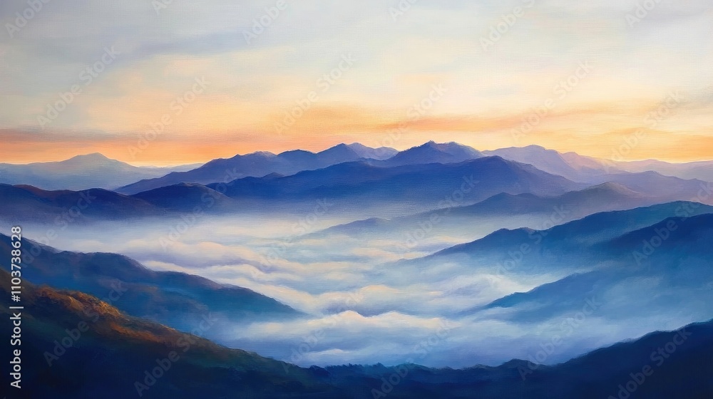 Majestic mountains rise above a sea of clouds, bathed in warm morning light, creating a tranquil and ethereal landscape. Majestic mountains rise above a sea of clouds, bathed in warm morning light, creating a tranquil and ethereal landscape.