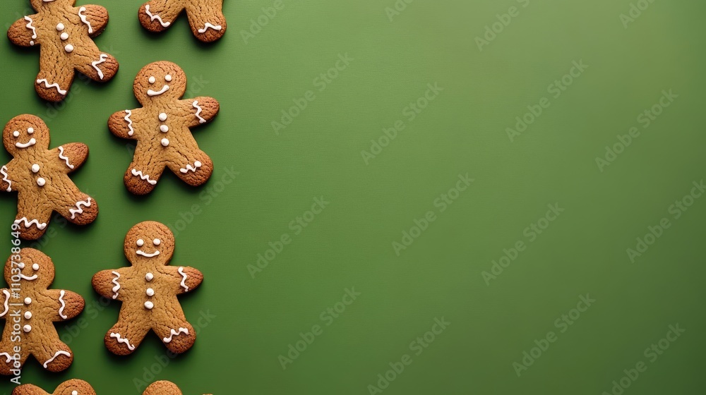 Gingerbread cookies arranged on a vibrant green background, creating a festive Christmas concept perfect for seasonal designs. Gingerbread cookies add a touch of holiday cheer with ample copy space. Gingerbread cookies arranged on a vibrant green background, creating a festive Christmas concept perfect for seasonal designs. Gingerbread cookies add a touch of holiday cheer with ample copy space.