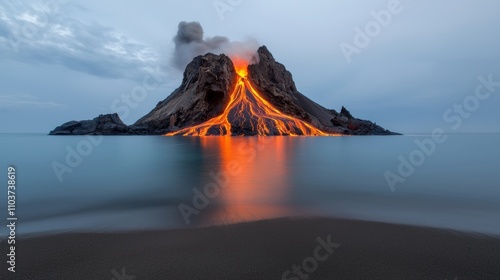 A volcanic island exploding with lava fountains visible from the sea photo