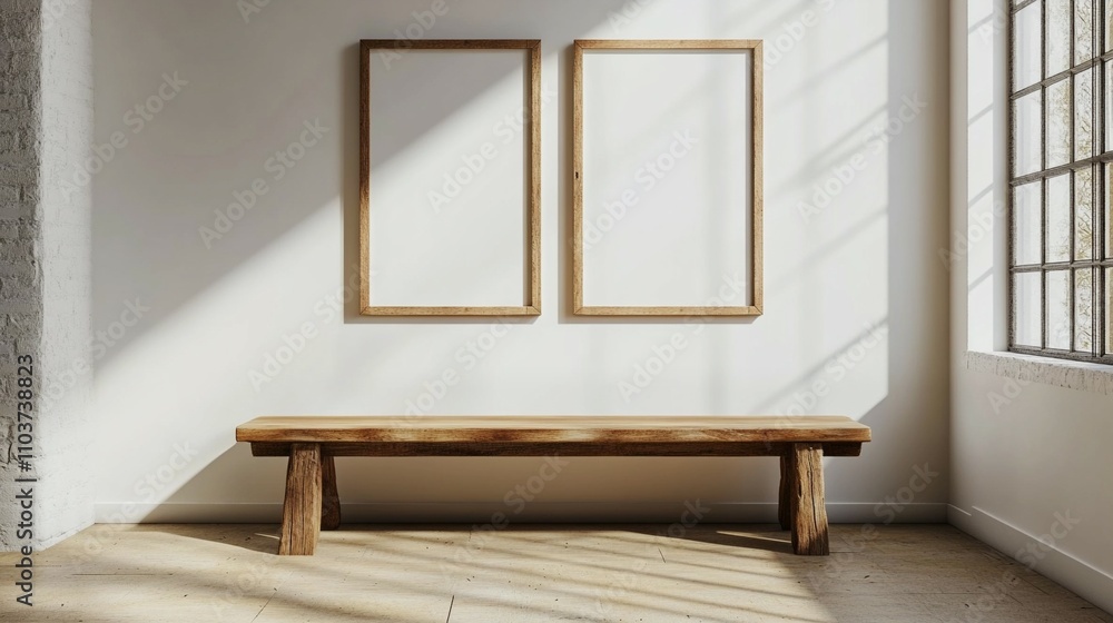 Fototapeta premium Wooden rustic bench near white wall with two frames. Farmhouse, country, boho interior design of modern home entryway, hall.