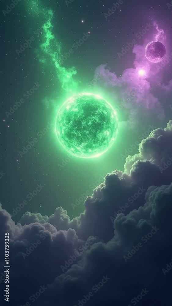 Obraz premium Futuristic glowing green planet with purple nebula in outer space