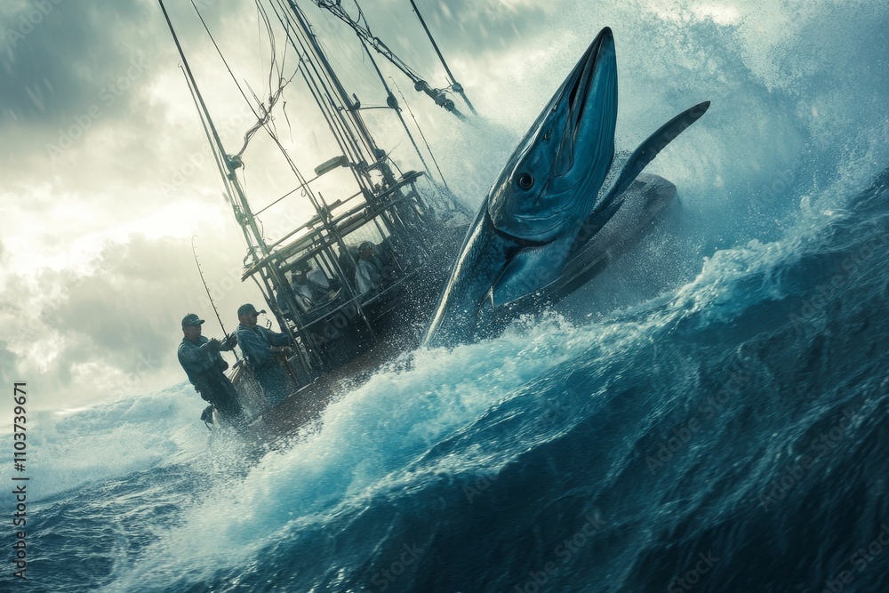 Obraz premium Fishermen battling huge fish, stormy sea.
