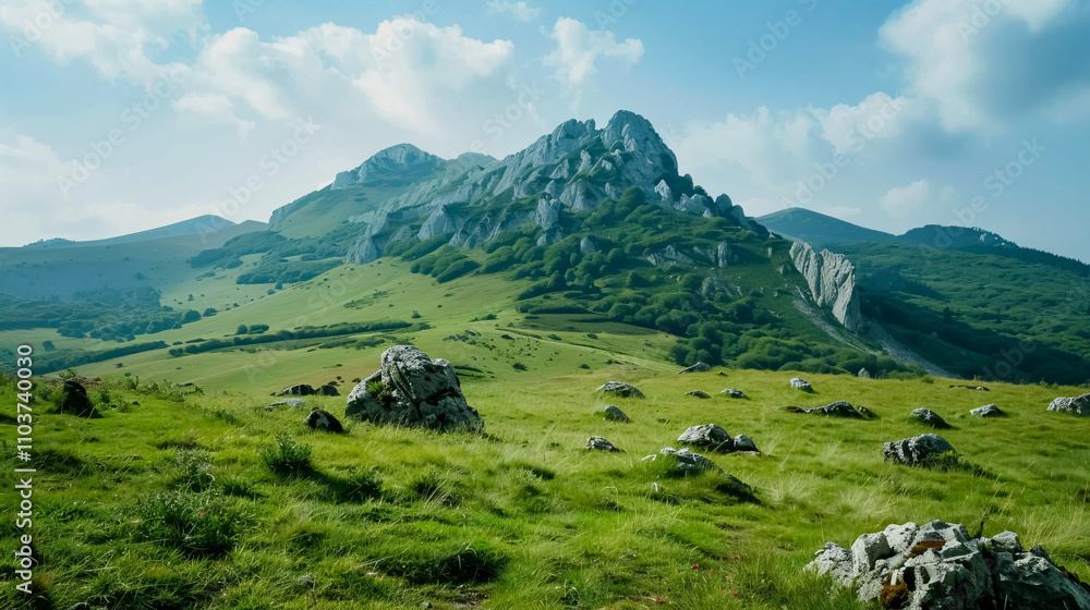 Vertical shot of grassy hills with distant rocky mountains. Vertical shot of grassy hills with distant rocky mountains.