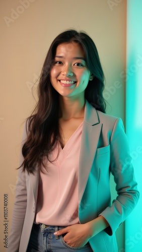 Young woman in blazer and pink blouse smiling with teal backdrop