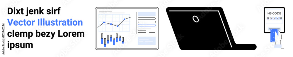 Text block, data analytics dashboard with line and bar graphs, black laptop, and hand inserting a card into a device. Ideal for business presentations, data analysis, statistics, IT solutions Text block, data analytics dashboard with line and bar graphs, black laptop, and hand inserting a card into a device. Ideal for business presentations, data analysis, statistics, IT solutions