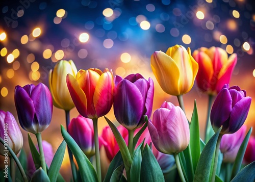 Night Photography of Vibrant Tulip Flowers Isolated on White Background, Showcasing Their Natural Beauty and Unique Color Palette for Floral Enthusiasts and Decor Lovers