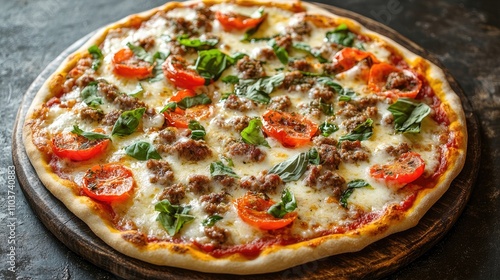 Sausage pizza topped with tomato, basil, and mozzarella cheese, presented on a dark rustic background. This homemade pizza invites indulgence and satisfaction. Perfect for food photography.