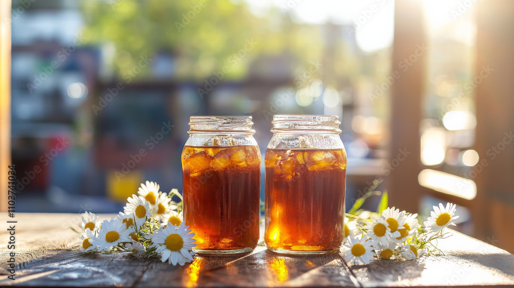 Refreshing iced tea in jars with ice and flowers on wooden table Refreshing iced tea in jars with ice and flowers on wooden table