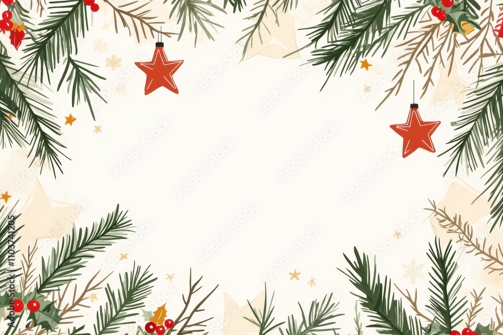 Christmas-themed background with pine branches, stars, and decorations on a white background. Christmas-themed background with pine branches, stars, and decorations on a white background.