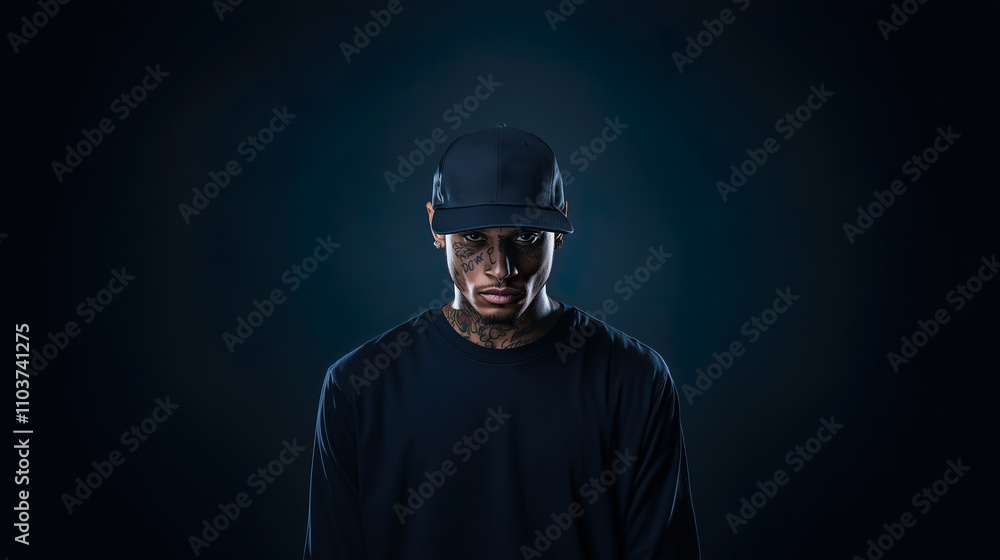 Close-up of a man in a baseball cap, illuminated in dramatic light against a dark backdrop Close-up of a man in a baseball cap, illuminated in dramatic light against a dark backdrop