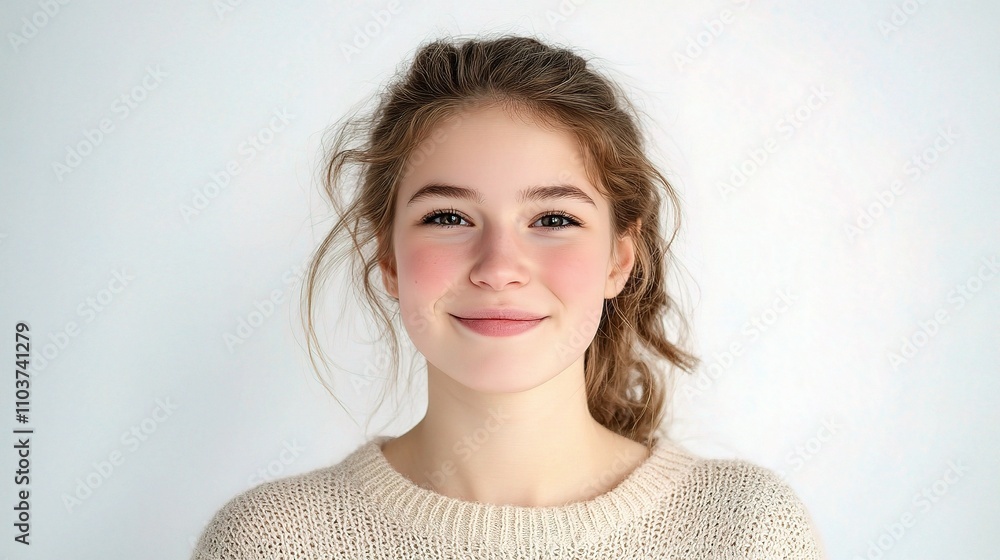 Happy Young Woman Smiling Brightly Against Soft Background Happy Young Woman Smiling Brightly Against Soft Background