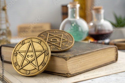 An ancient-looking book rests on a wooden surface with two coins featuring pentagram symbols nearby. Colorful potion bottles, one with a green liquid and another with red, add a mystical vibe to the s photo