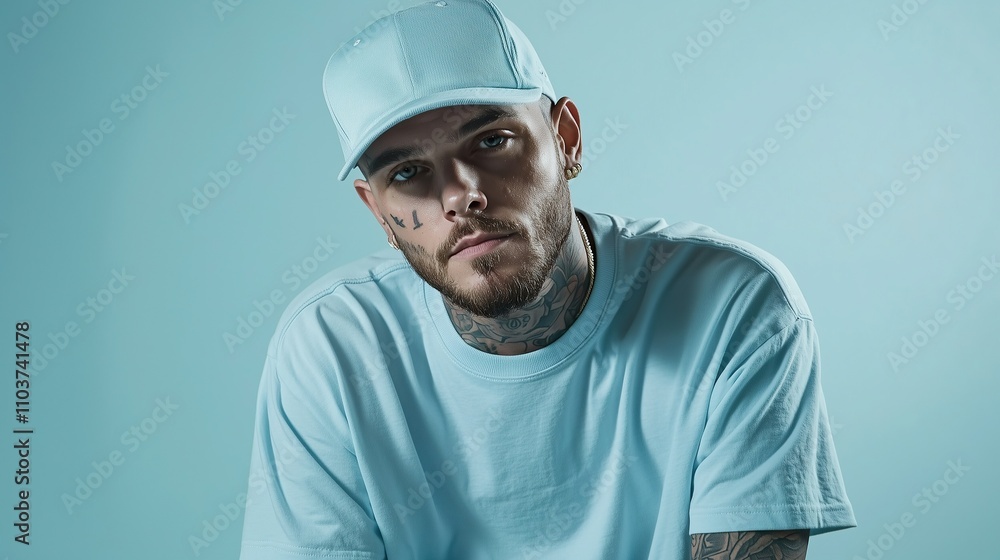 portrait of a young good looking male light blue in baseball cap and t-shirt with many tattoos in light blue background tones portrait of a young good looking male light blue in baseball cap and t-shirt with many tattoos in light blue background tones